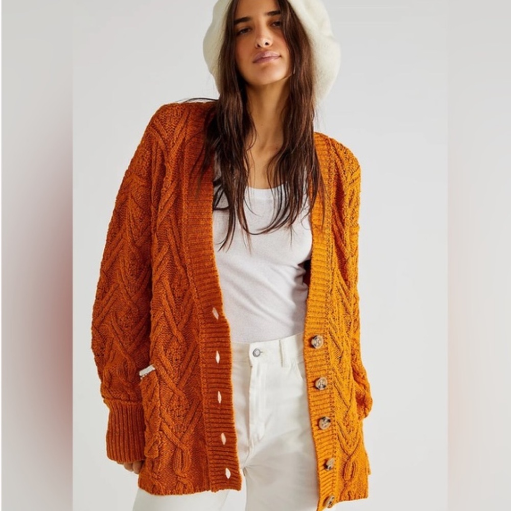 Free People Orange Cable Knit Cardigan